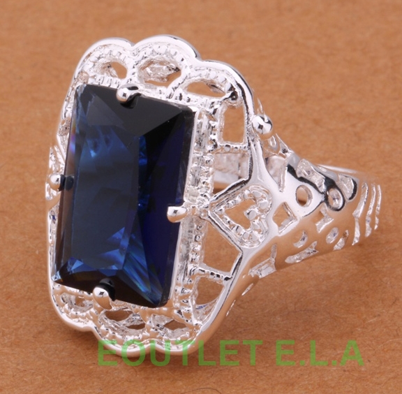 LARGE EMERALD CUT MIGHNIGHT BLUE CZ SILVER DRESS RING-size 8